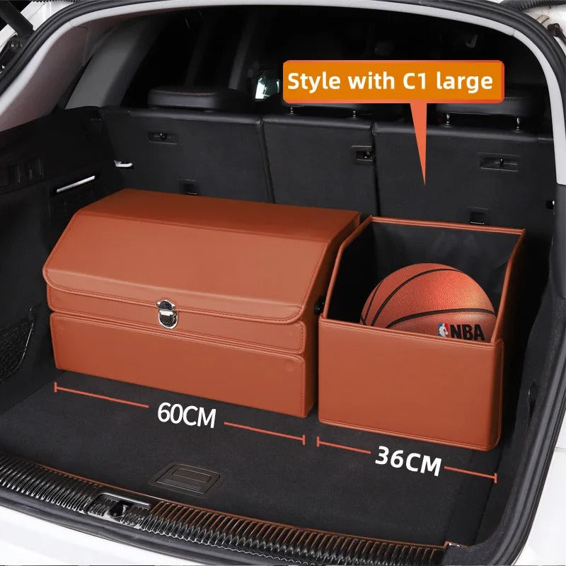 Luxury Leather Car Trunk Organizer – Large-Capacity Foldable Storage Box for BMW, Benz, Tesla, VW & More - Delicate Leather