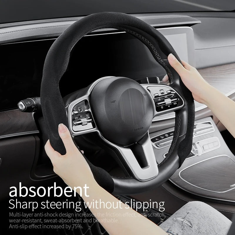 Ultra-Thin Suede Steering Wheel Cover – Sweat-Absorbing & Anti-Slip Handlebar Grip - Delicate Leather