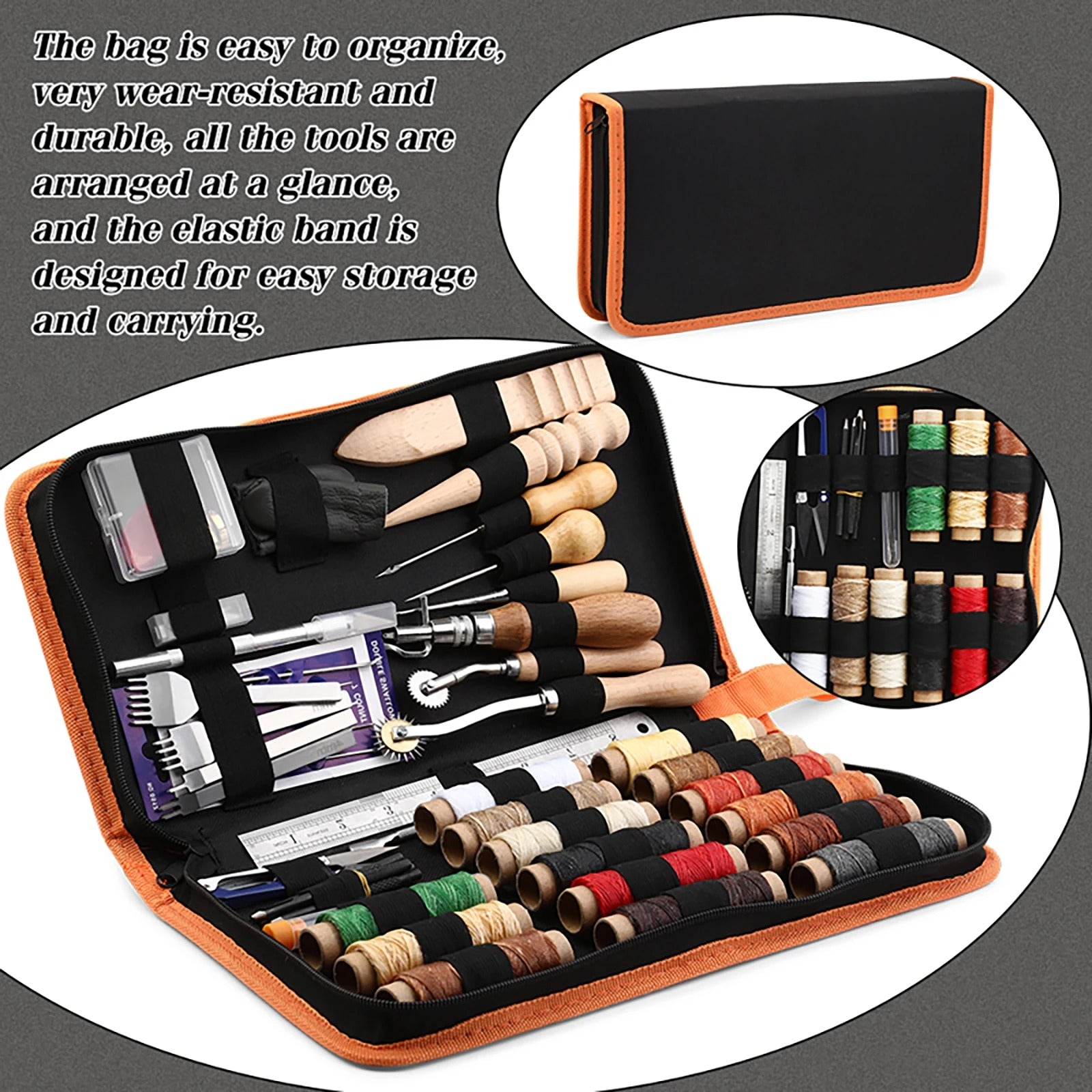 Complete Leather Sewing Kit – Waxed Thread, Needles, Awls, Groover & Punch Tools for DIY Crafting
