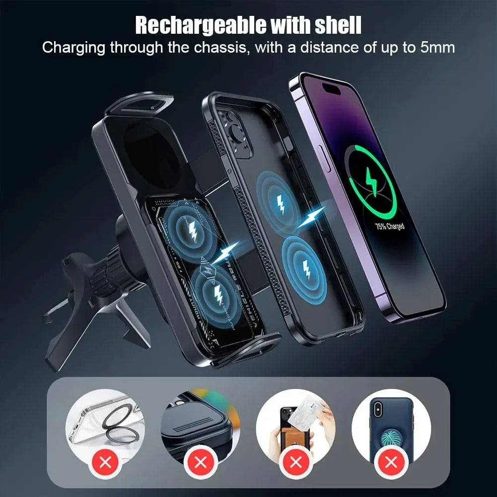 2-in-1 Magnetic Car Phone Holder with Wireless Fast Charging – Auto-Rotating Air Vent Mount for Smartphones & Tablets - Delicate Leather