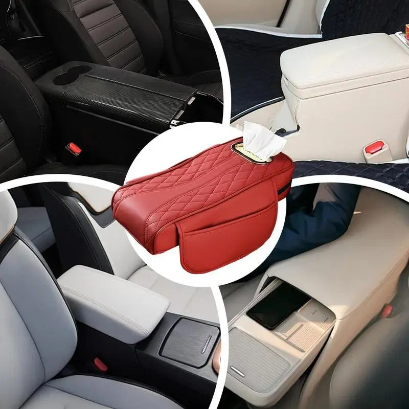 Comfortable Car Armrest Cover with Tissue Box Holder – Multi-Functional Center Console Storage for SUVs and Cars - Delicate Leather