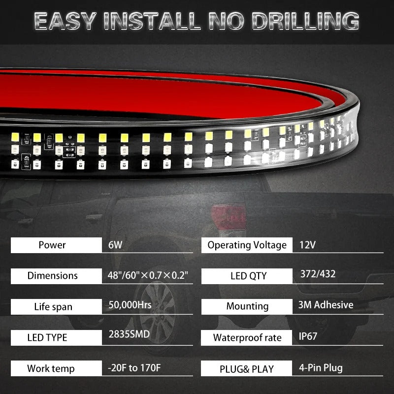 48/60-Inch LED Tailgate Light Bar - Running, Brake, Turn Signal, Reverse Light for Trucks, SUVs, and Pickups - Delicate Leather