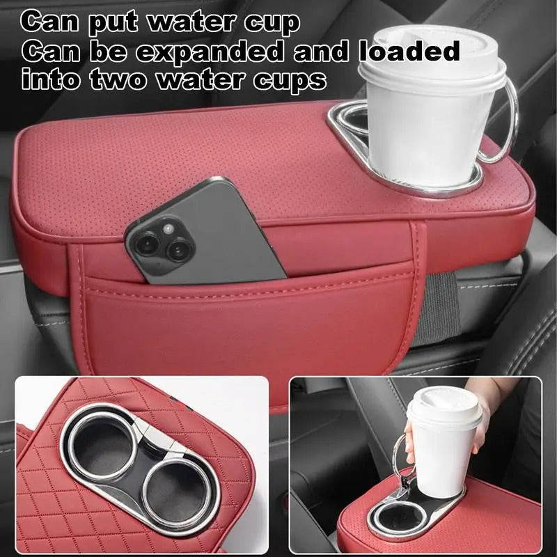 PU Leather Car Armrest Cushion with 2 Cup Holders, Side Pocket, and Heightened Center Console Pad Cover - Delicate Leather