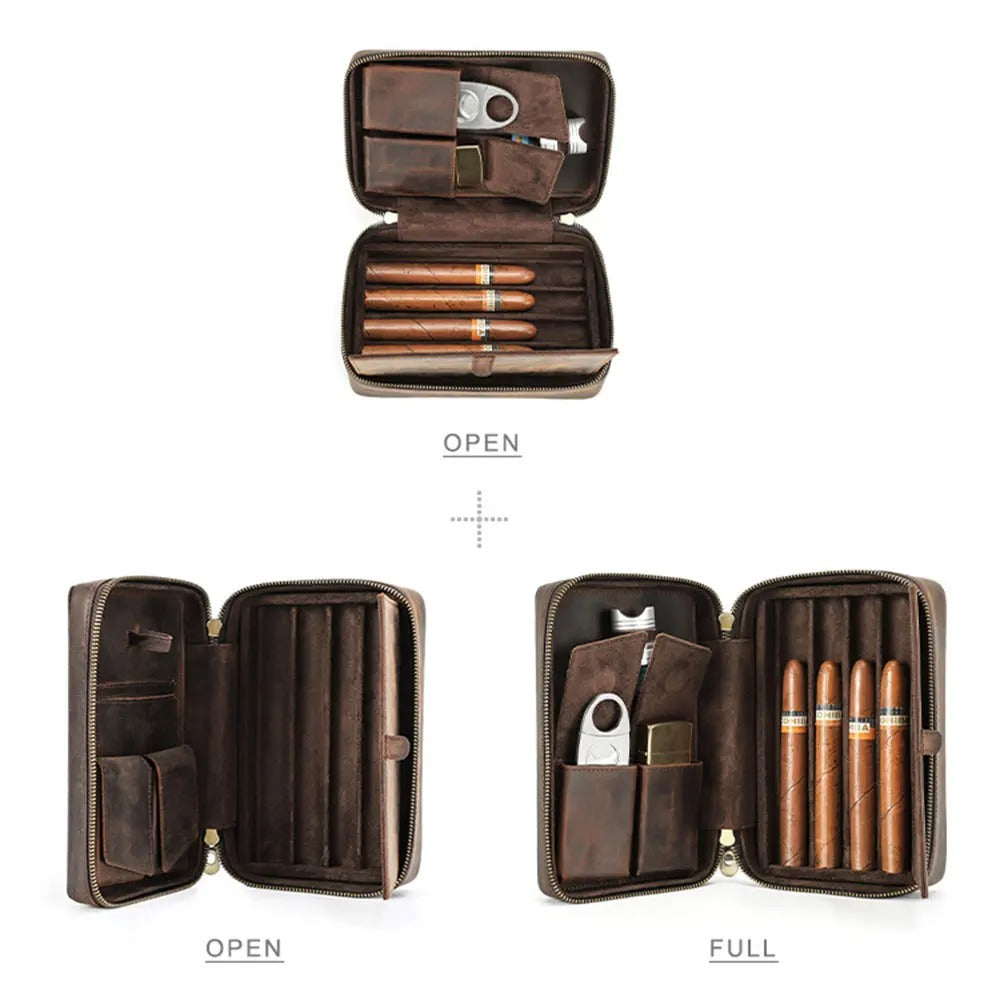Genuine Leather Cigar Travel Case Holder – Portable Lighter & Cutter Pocket Humidor Gift Set