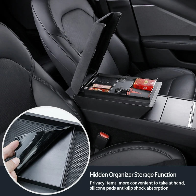 Car Armrest Box Booster Storage Box – For Tesla Model Y & New Model 3 Highland 2024 - Delicate Leather