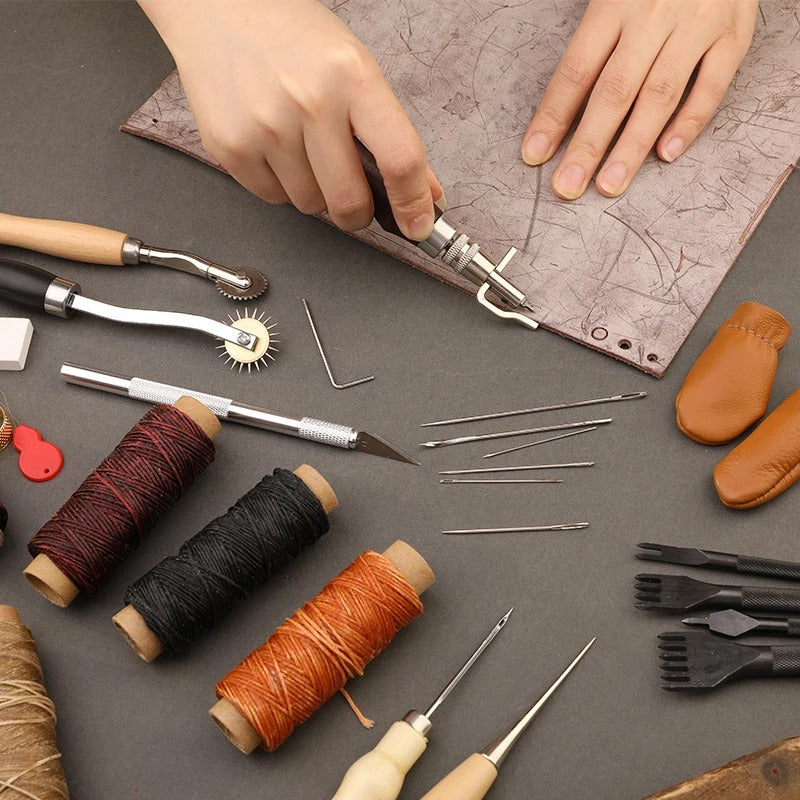 Leather Craft Working Tools Kit - Comprehensive Stitching & Sewing Repair Set for Beginners & Professionals - Delicate Leather