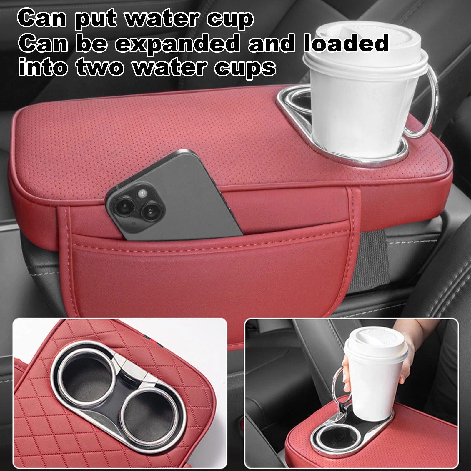 Car Armrest Cushion with 2 Cup Holders and Side Pockets – PU Leather Center Console Pad - Delicate Leather