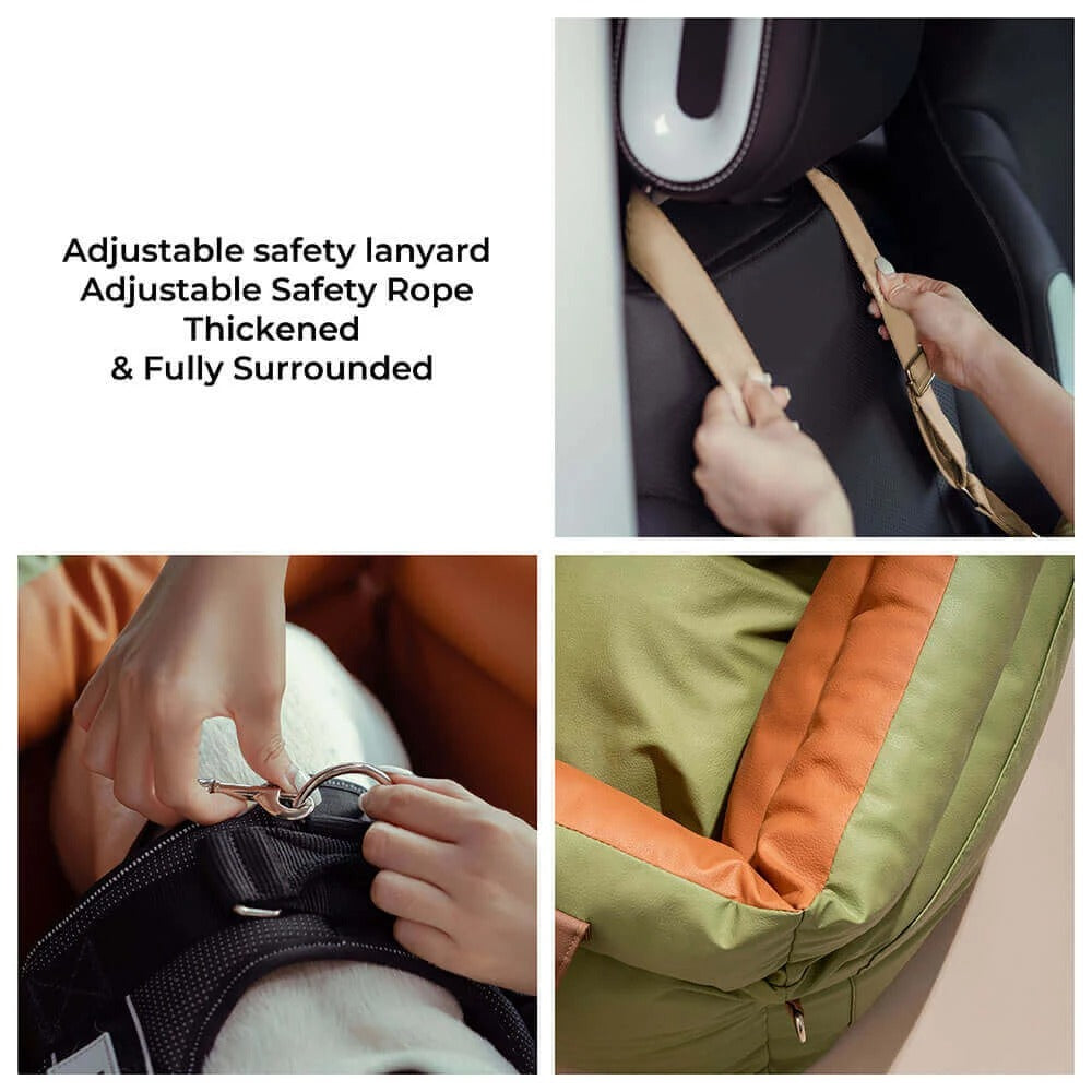 Travel Safety Denim Patchwork Dog Car Seat Bed with Safety Buckle - Luxury Customizable Pet Car Seat - Delicate Leather