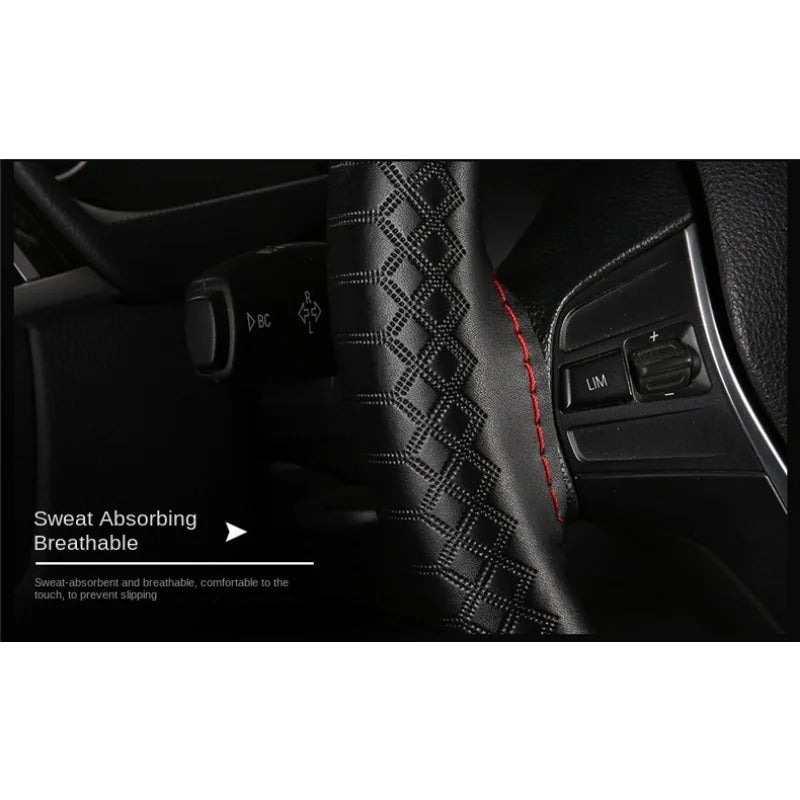 Genuine Leather Embossed Braiding Steering Wheel Cover - Hand-Stitched Anti-Slip Car Decoration Accessory