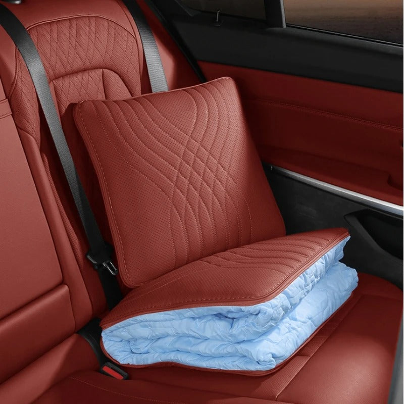High-End Leather Car Seat Headrest and Neck Pillow with Soft Latex Back Support – Multifunctional Pillow and Quilt Set