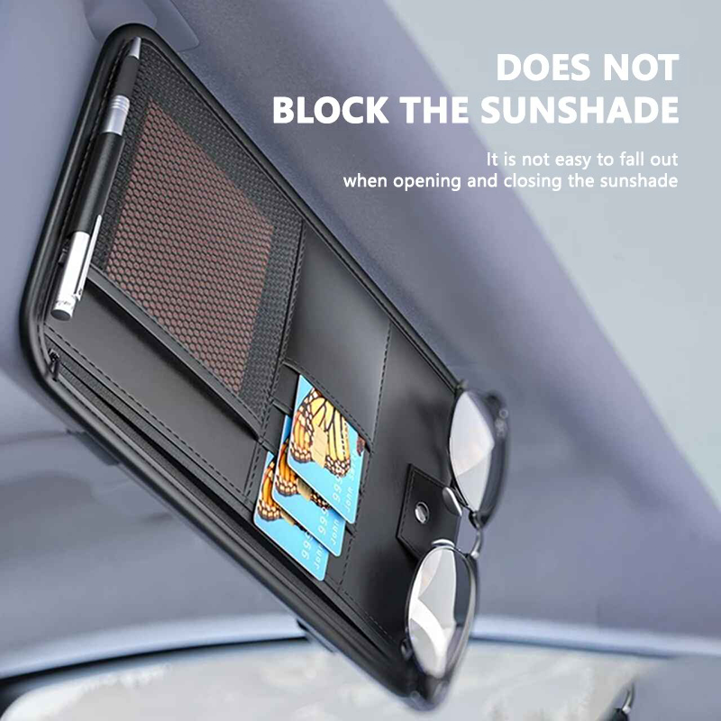 PU Leather Car Sun Visor Organizer – Multi-Pocket Storage Bag with Card Holder, Glasses Clip & Document Pocket - Delicate Leather