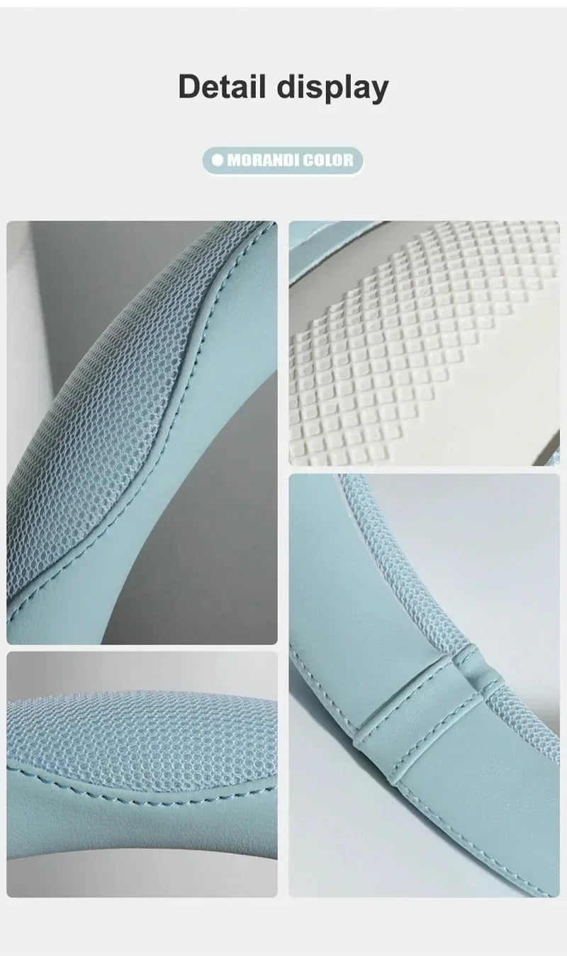 Leather Steering Wheel Cover with Breathable Ice Silk Mesh – Universal Fit for 14.5"-15" Steering Wheels - Delicate Leather