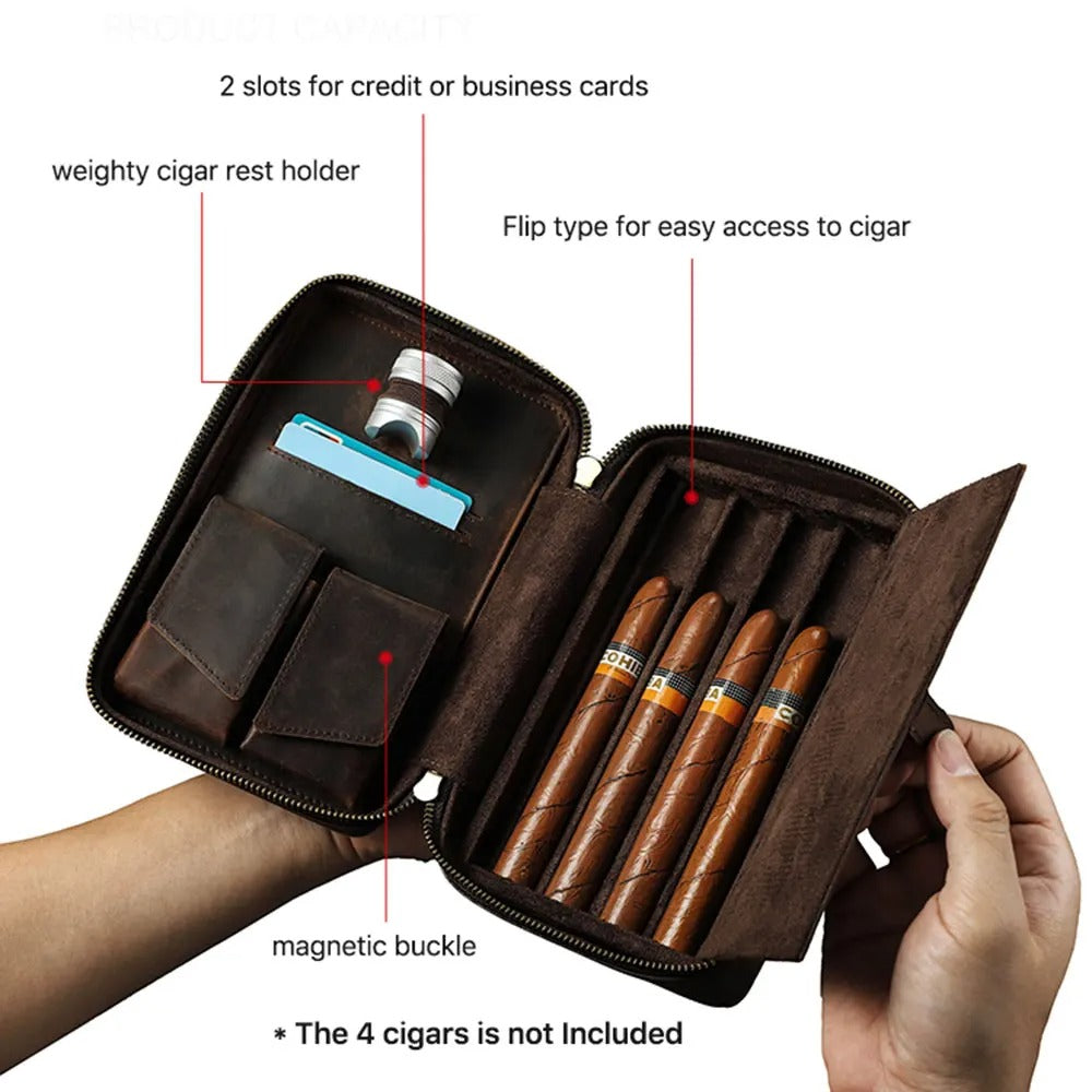 Genuine Leather Cigar Travel Case Holder – Portable Lighter & Cutter Pocket Humidor Gift Set