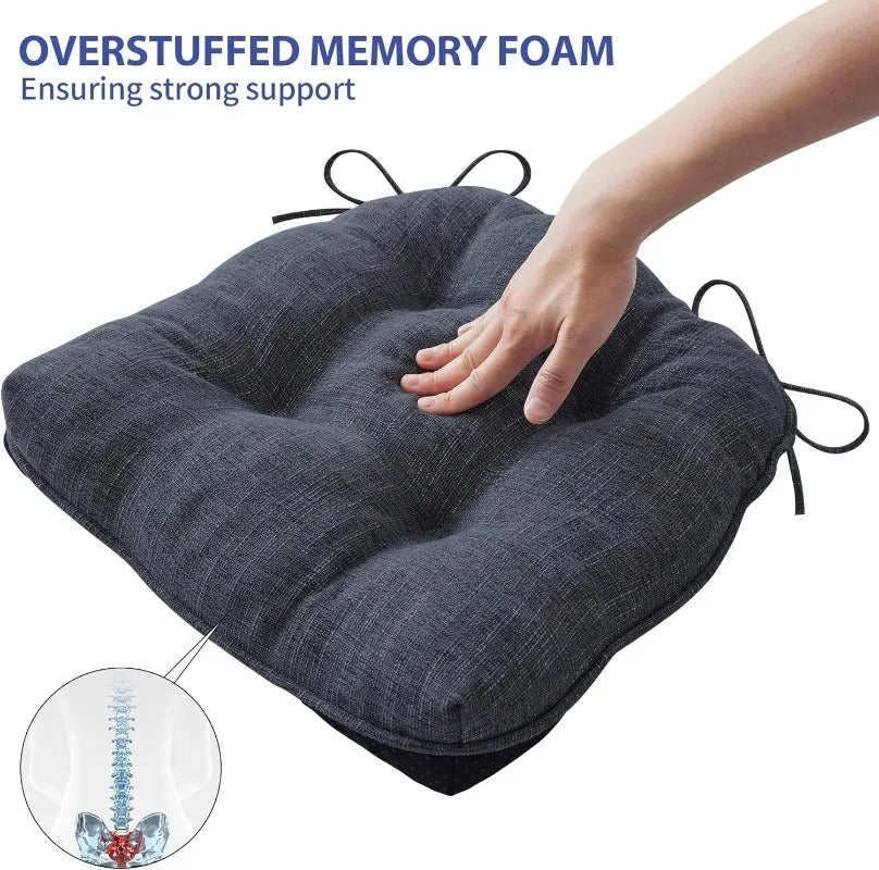 Set of 4 Tufted Memory Foam Chair Cushions – Non-Slip Dining Chair Pads with Ties - Delicate Leather