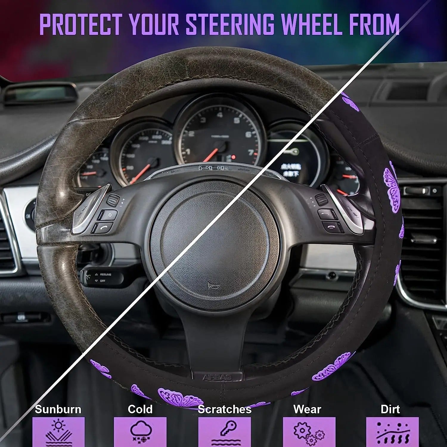 Butterfly steering wheel cover - Full grip fabric inside - Multi color butterflies on black fabric, Car Accessories 19 - Delicate Leather