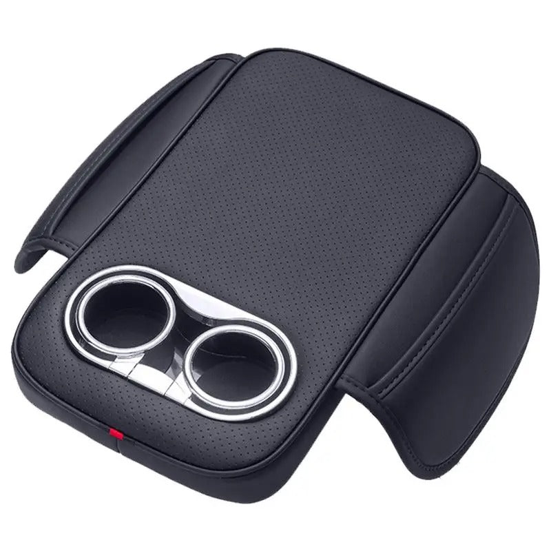 PU Leather Car Armrest Cushion with 2 Cup Holders, Side Pocket, and Heightened Center Console Pad Cover - Delicate Leather