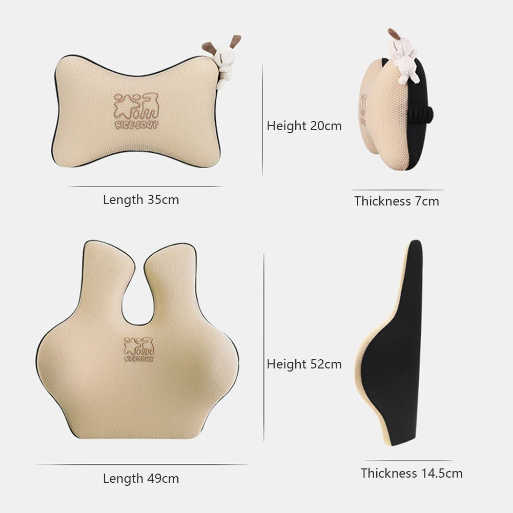 New Car Lumbar Pillow & Headrest Support – Memory Foam Cellular Grid Breathable Cushion - Delicate Leather