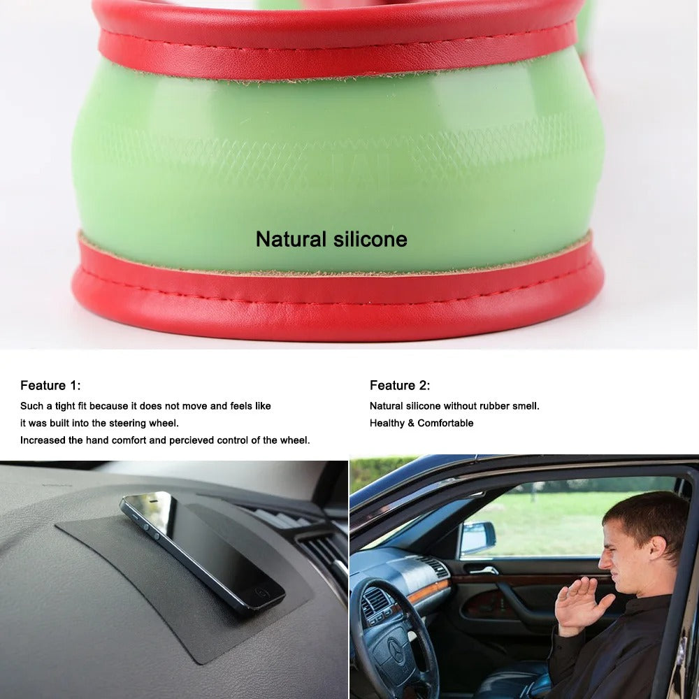 Leather Car Steering Wheel Cover - Wavy Line Design with Silica Gel Liner
