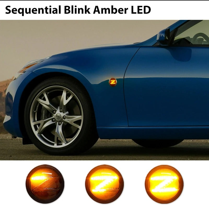 2X LED Dynamic Turn Signal Side Marker Lights - Smoked Black Lens with Sequential 'Z' for Nissan 370Z (2009-2020) - Delicate Leather