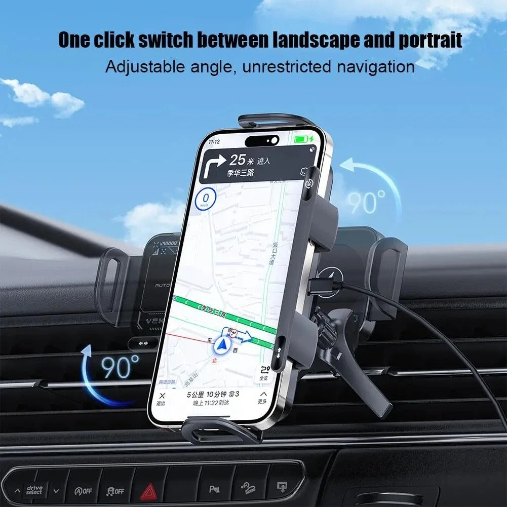 2-in-1 Magnetic Car Phone Holder with Wireless Fast Charging – Auto-Rotating Air Vent Mount for Smartphones & Tablets - Delicate Leather