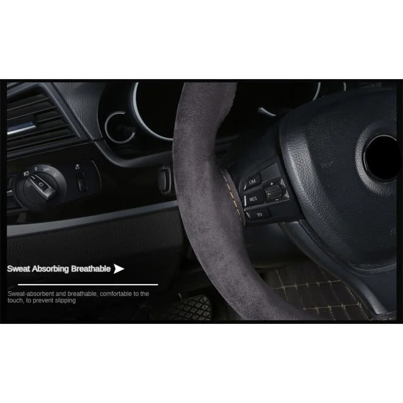 Suede Leather Braided Car Steering Wheel Cover – Universal 38cm DIY Hand-Stitched Handle Cover for All-Season Comfort and Style - Delicate Leather