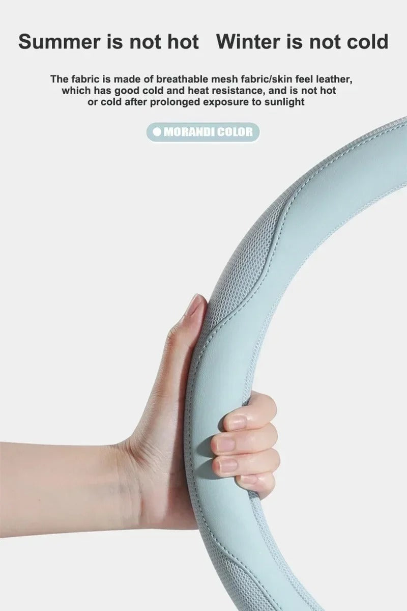 Leather Steering Wheel Cover with Breathable Ice Silk Mesh – Universal Fit for 14.5"-15" Steering Wheels - Delicate Leather