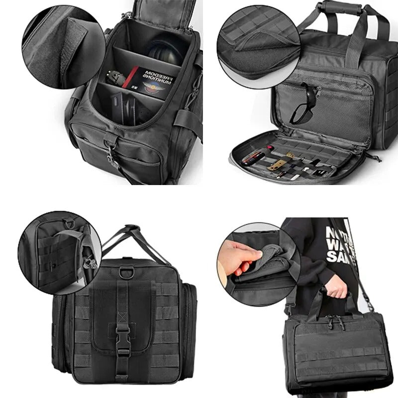 Tactical Gun Range Storage Bag – Durable Nylon Hunting Accessory with MOLLE System and Ample Storage - Delicate Leather