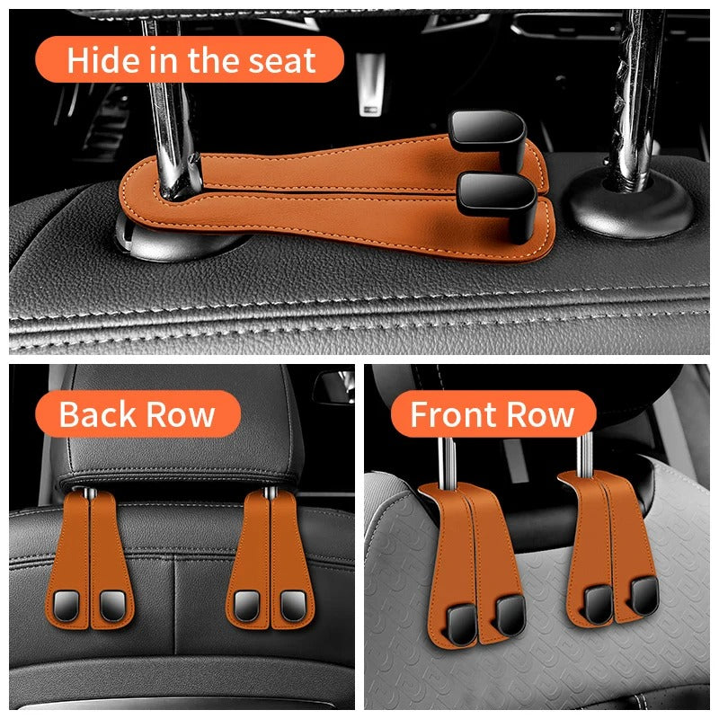 Durable Car Seat Back Double Hook – Leather Hanging Bag Storage Organizer - Delicate Leather