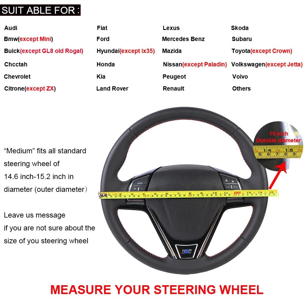 Leather Car Steering Wheel Cover - Wavy Line Design with Silica Gel Liner