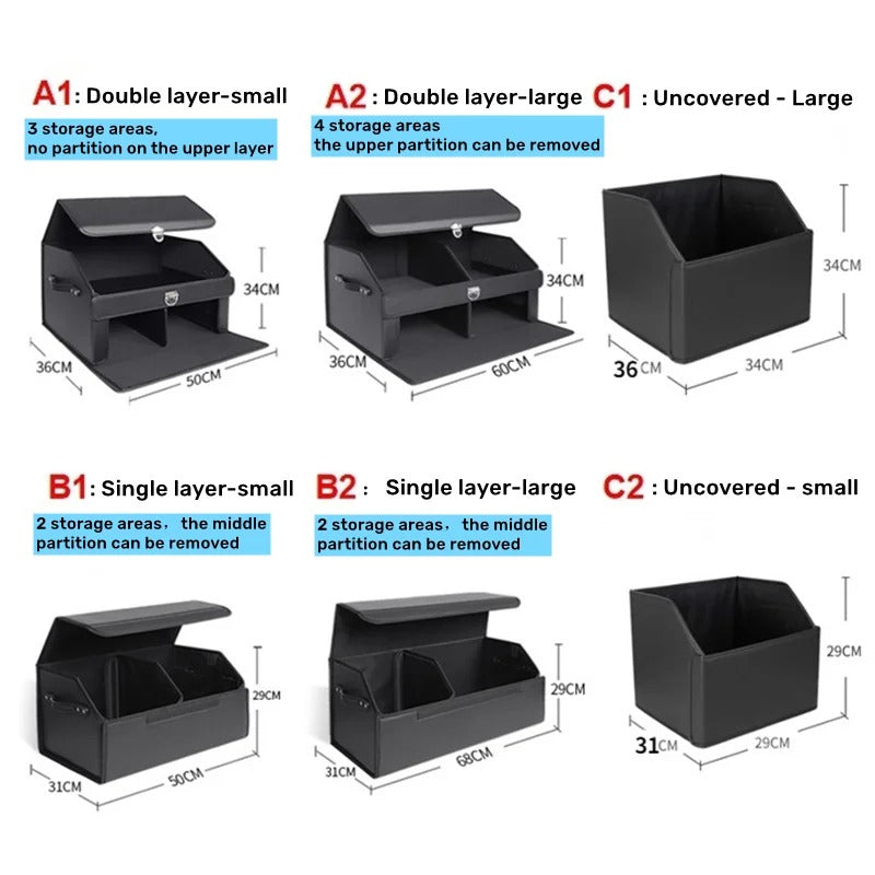 Luxury Leather Car Trunk Organizer – Large-Capacity Foldable Storage Box for BMW, Benz, Tesla, VW & More - Delicate Leather