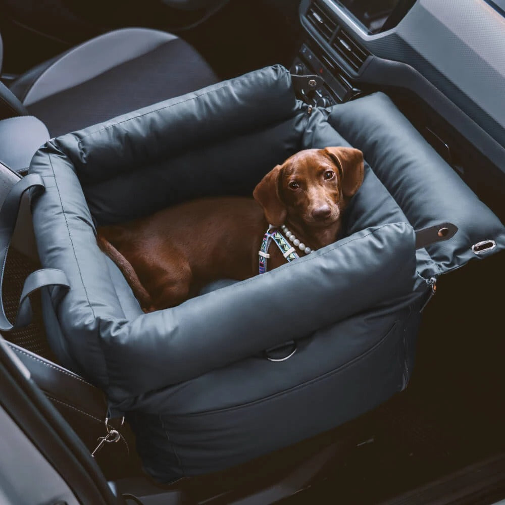 Travel Safety Denim Patchwork Dog Car Seat Bed with Safety Buckle - Luxury Customizable Pet Car Seat - Delicate Leather