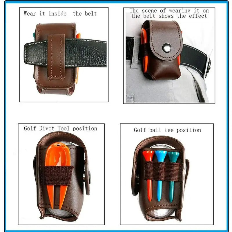 Cowhide Leather Golf Ball & Tee Holder – Portable Storage Pouch with Divot Tool Carrier - Delicate Leather