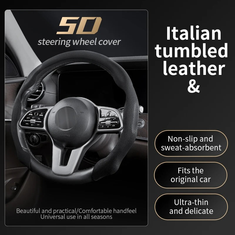 Ultra-Thin Suede Steering Wheel Cover – Sweat-Absorbing & Anti-Slip Handlebar Grip - Delicate Leather