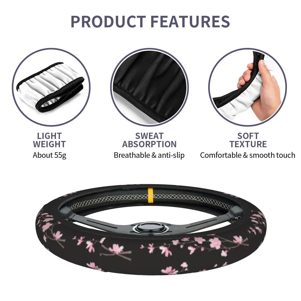 Sakura Sky Steer Wheel Cover, Cherry Blossom Steering Wheel Cover Cute, Japanese Aesthetic Car Decor, Car Accessories 07 - Delicate Leather