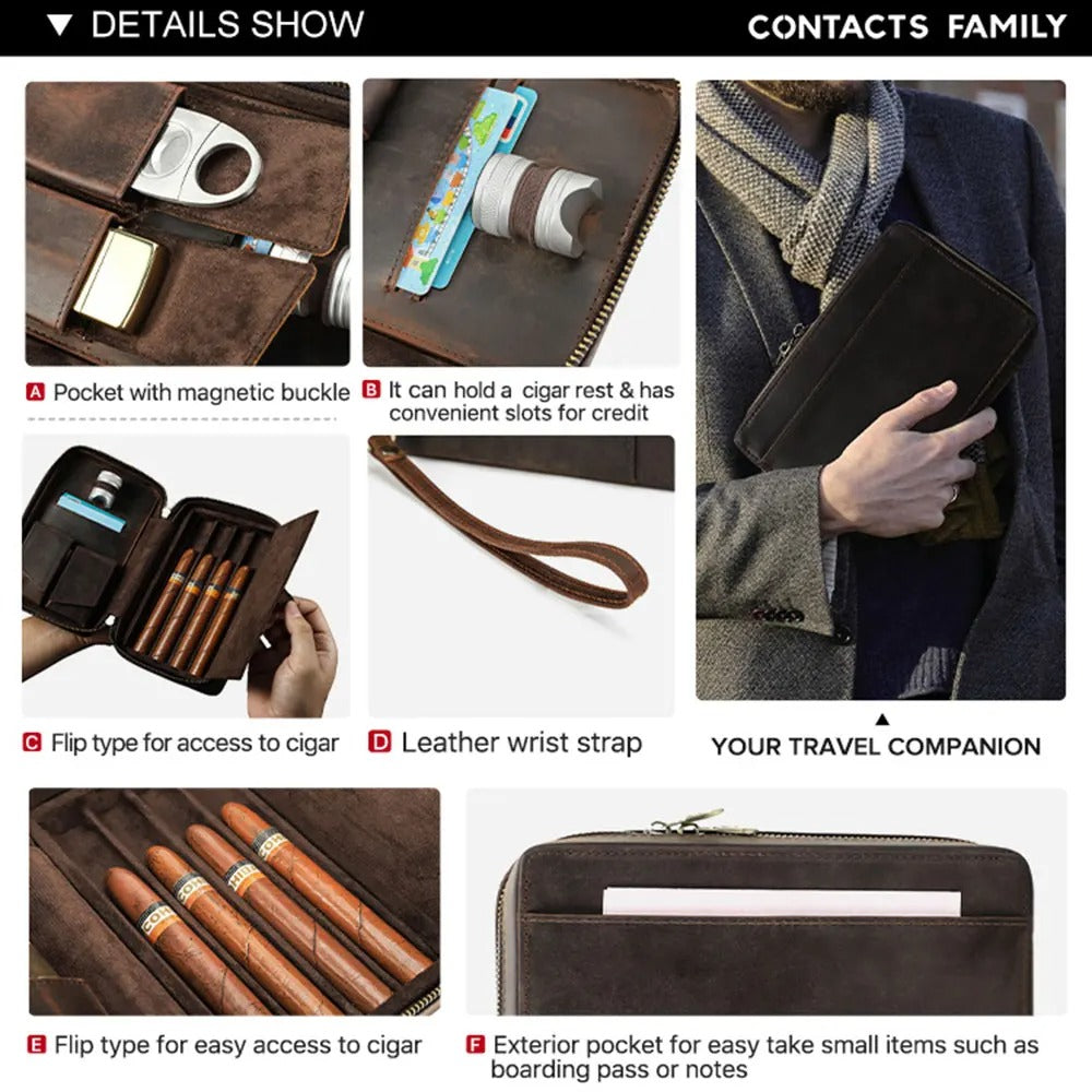 Genuine Leather Cigar Travel Case Holder – Portable Lighter & Cutter Pocket Humidor Gift Set