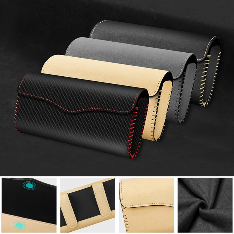 Suede Car Glasses Holder for Sun Visor – Magnetic Sunglasses Storage Case with Double Clip | Eyewear Organizer Box - Delicate Leather