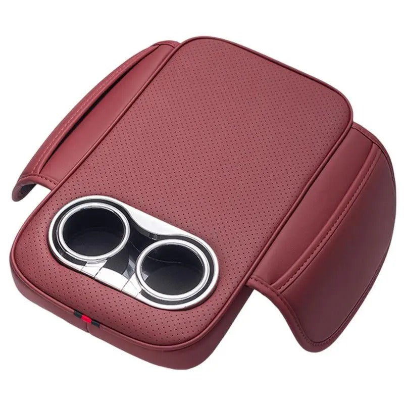 PU Leather Car Armrest Cushion with 2 Cup Holders, Side Pocket, and Heightened Center Console Pad Cover - Delicate Leather