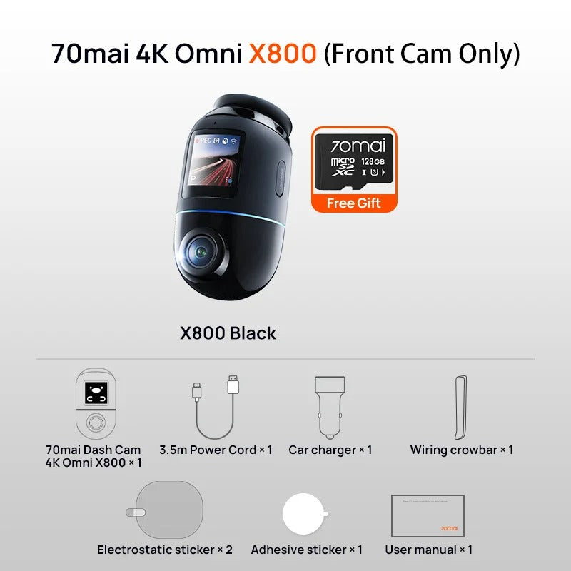 70mai X800 Omni 4K Dash Cam – Global Version, 360° Rotation, Dual-Channel, HDR, 4G Compatible, Supercapacitor Technology
