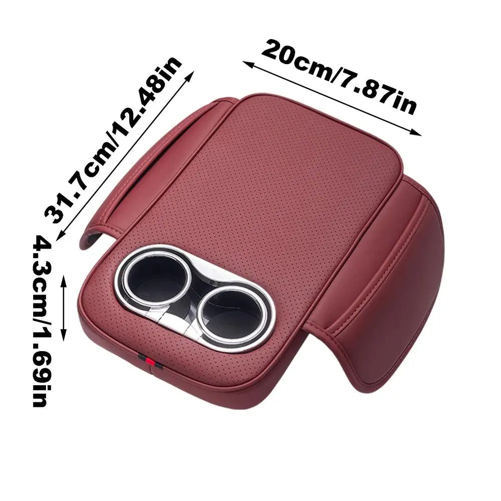PU Leather Car Armrest Cushion with 2 Cup Holders, Side Pocket, and Heightened Center Console Pad Cover - Delicate Leather