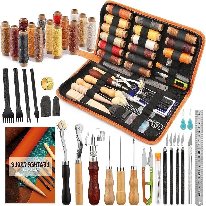 Leather Tools Kit with Waxed Thread, Hole Puncher, and Carving Knife - Perfect for DIY Handmade Leather Crafts - Delicate Leather