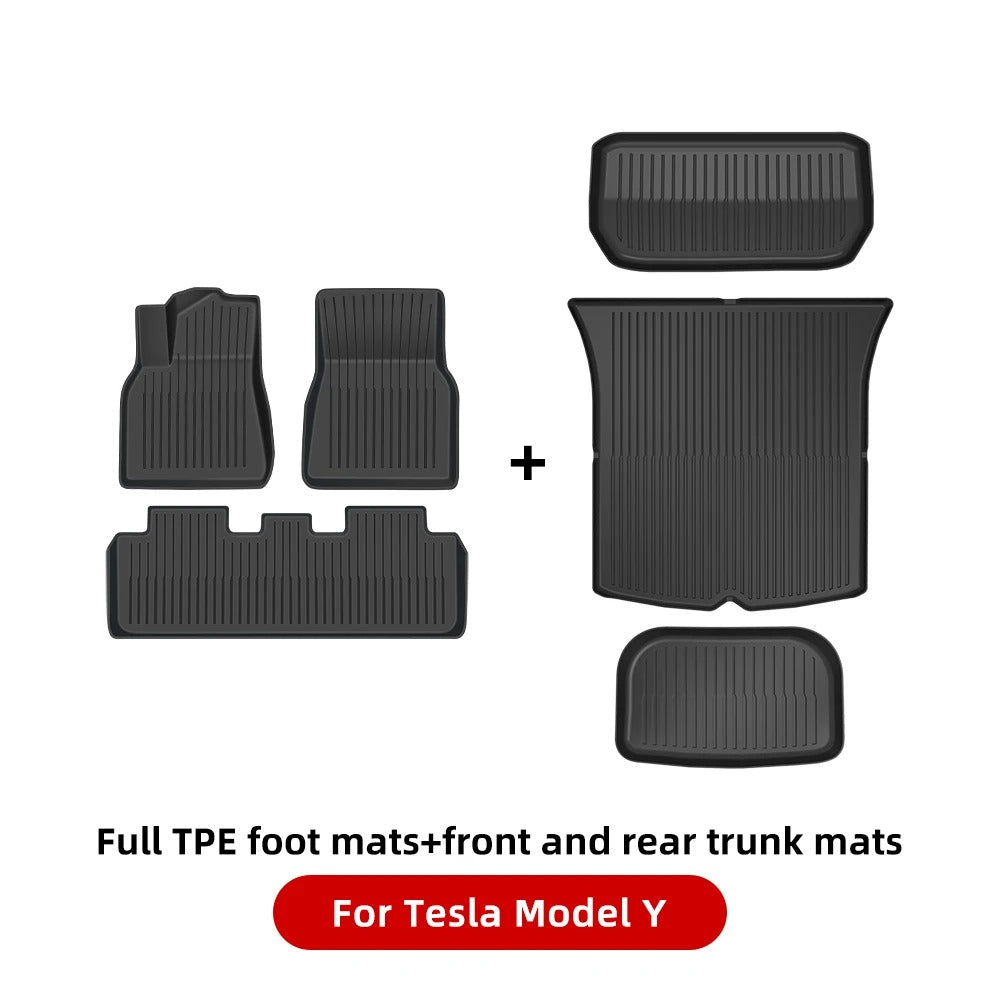 TPE Waterproof Anti-Slip Floor & Trunk Mat Set for Tesla Model Y (2021-2024) and Model 3 Highland - All-Weather Floor Liner - Delicate Leather