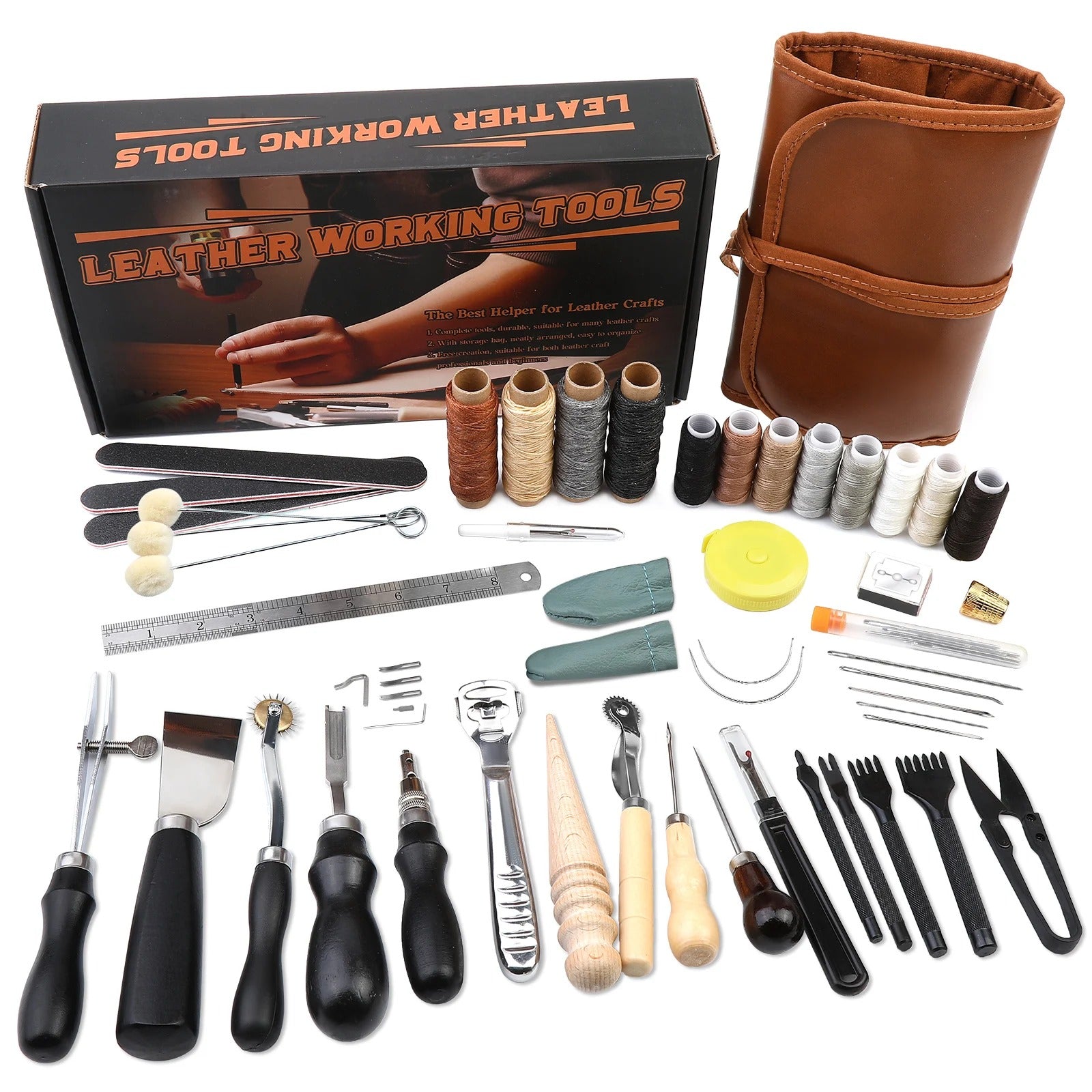 55PCS Leather Working Tools Set – Complete Kit with Stitching Groover, Beveler, Sewing Thread, and More