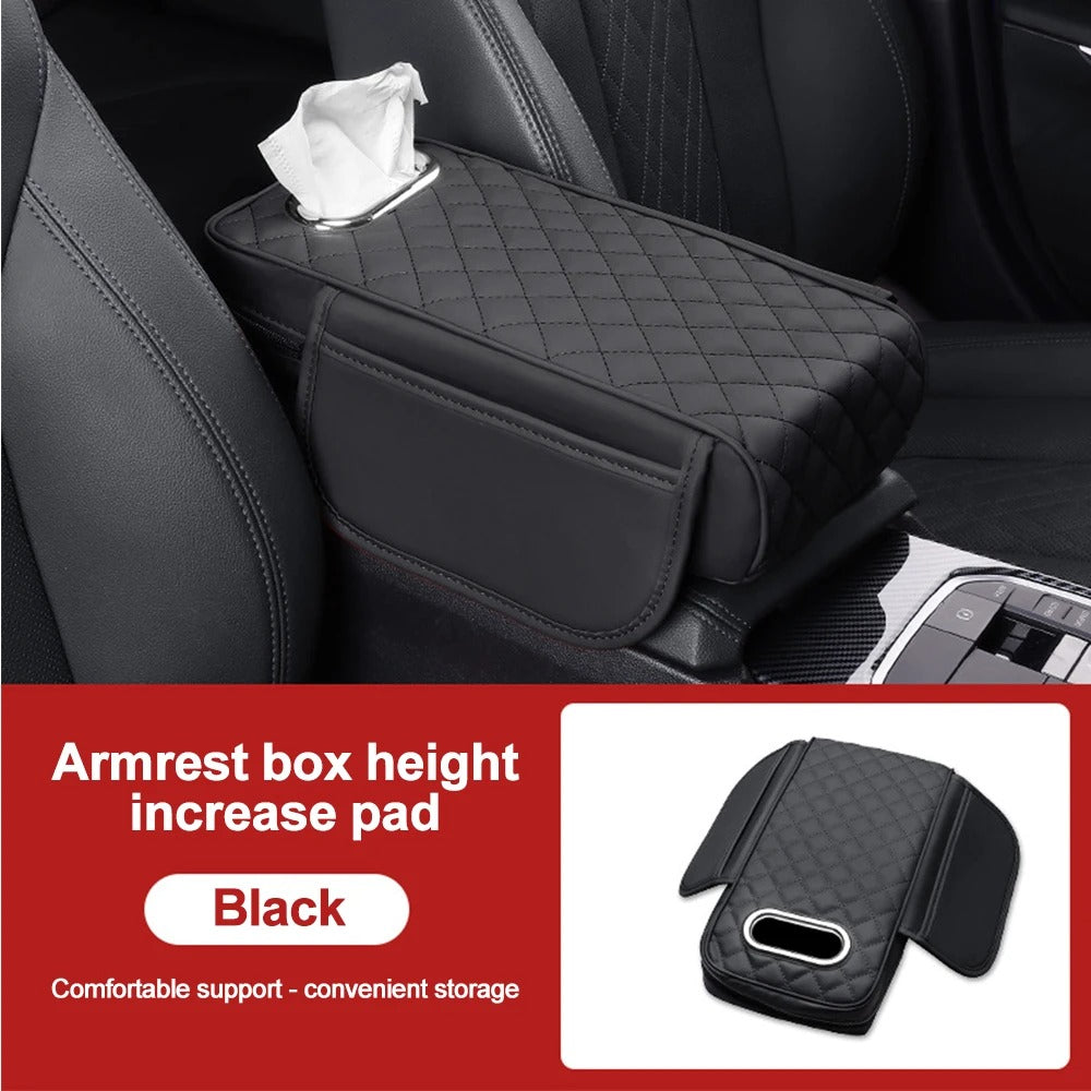 Car Armrest Pad with Tissue Box & Side Storage – Leather Console Protector - Delicate Leather