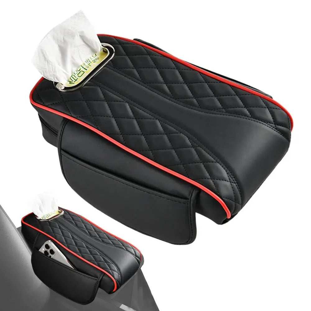 Comfortable Car Armrest Cover with Tissue Box Holder – Multi-Functional Center Console Storage for SUVs and Cars - Delicate Leather