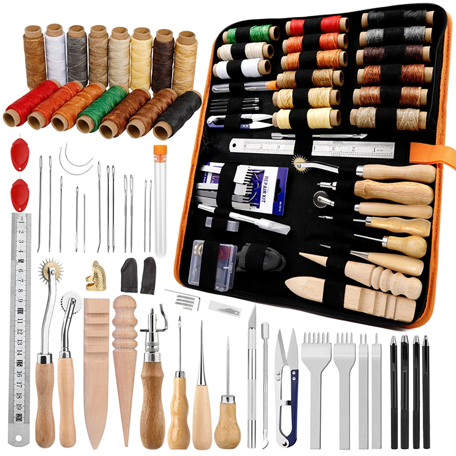 Complete Leather Sewing Kit – Waxed Thread, Needles, Awls, Groover & Punch Tools for DIY Crafting