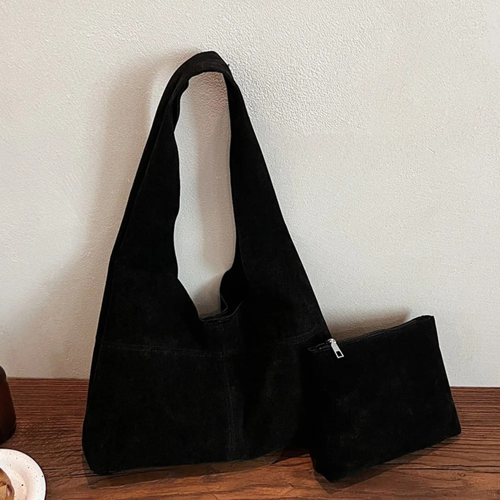Women’s Faux Suede Tote Bag – Vintage Shoulder Handbag with Large Capacity
