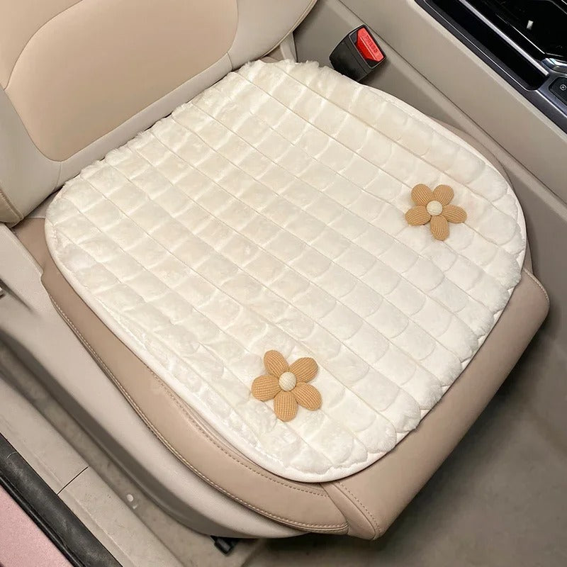 Cartoon Flower Winter Plush Car Seat Cushion Cover - Universal Fit for Five-Seat Cars - Delicate Leather