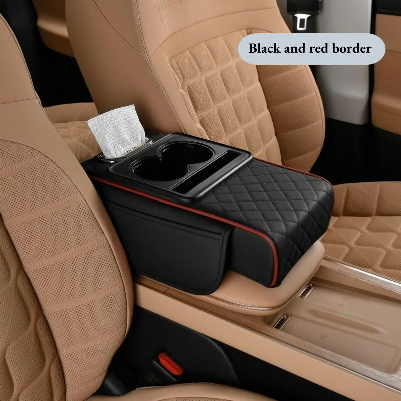 Thick Car Center Console Armrest Cushion with Tissue Box, Cup Holder, and Side Extension – Portable Car Pillow Armrest Pad