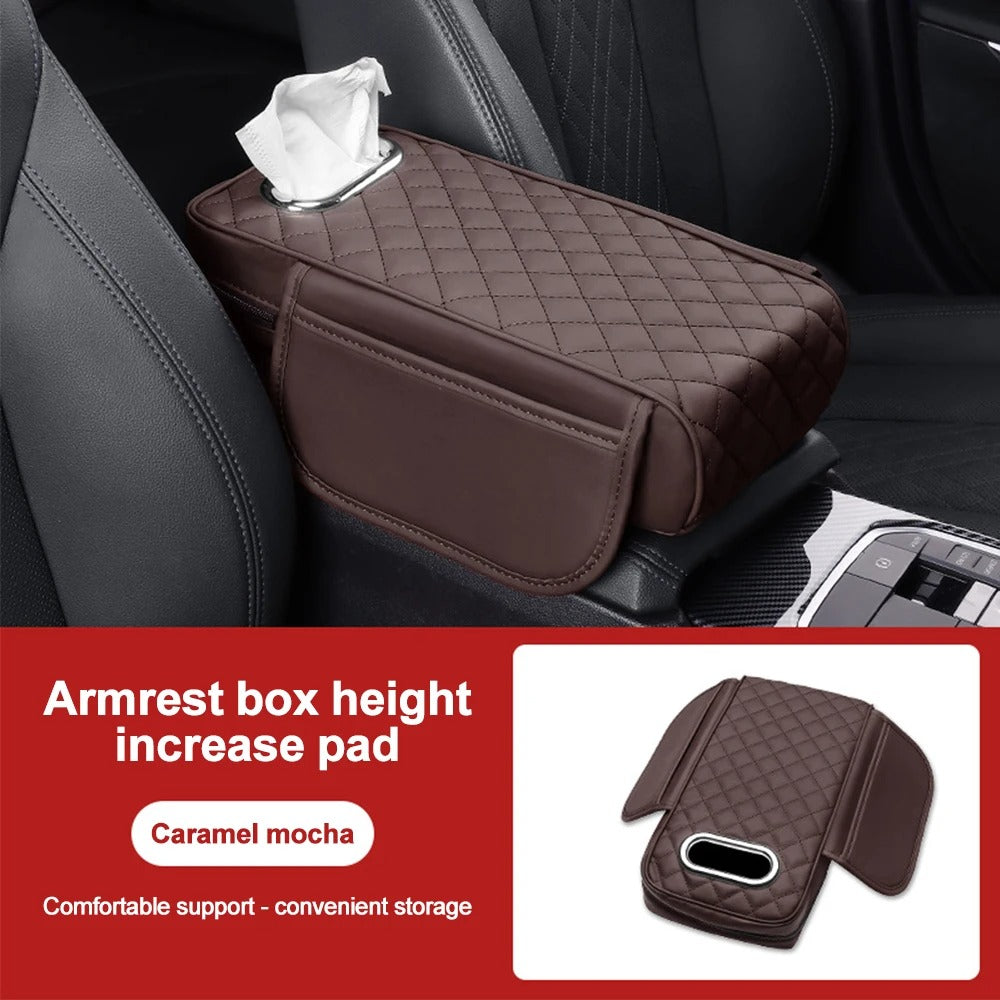 Car Armrest Pad with Tissue Box & Side Storage – Leather Console Protector - Delicate Leather