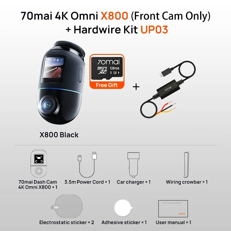 70mai X800 Omni 4K Dash Cam – Global Version, 360° Rotation, Dual-Channel, HDR, 4G Compatible, Supercapacitor Technology